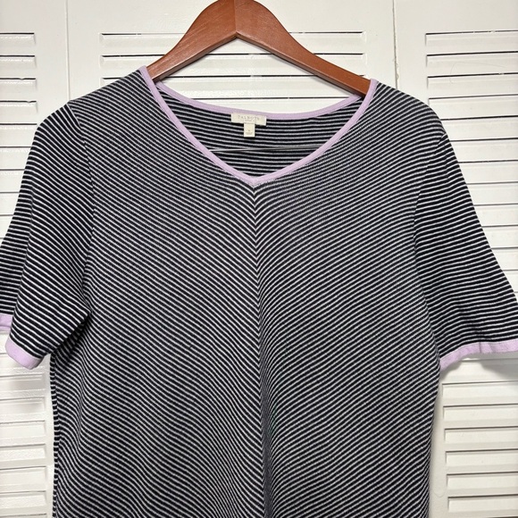 Talbots Striped Contrast Trim Short Sleeve Sweater Top Black & Lavender 1X - Picture 3 of 7